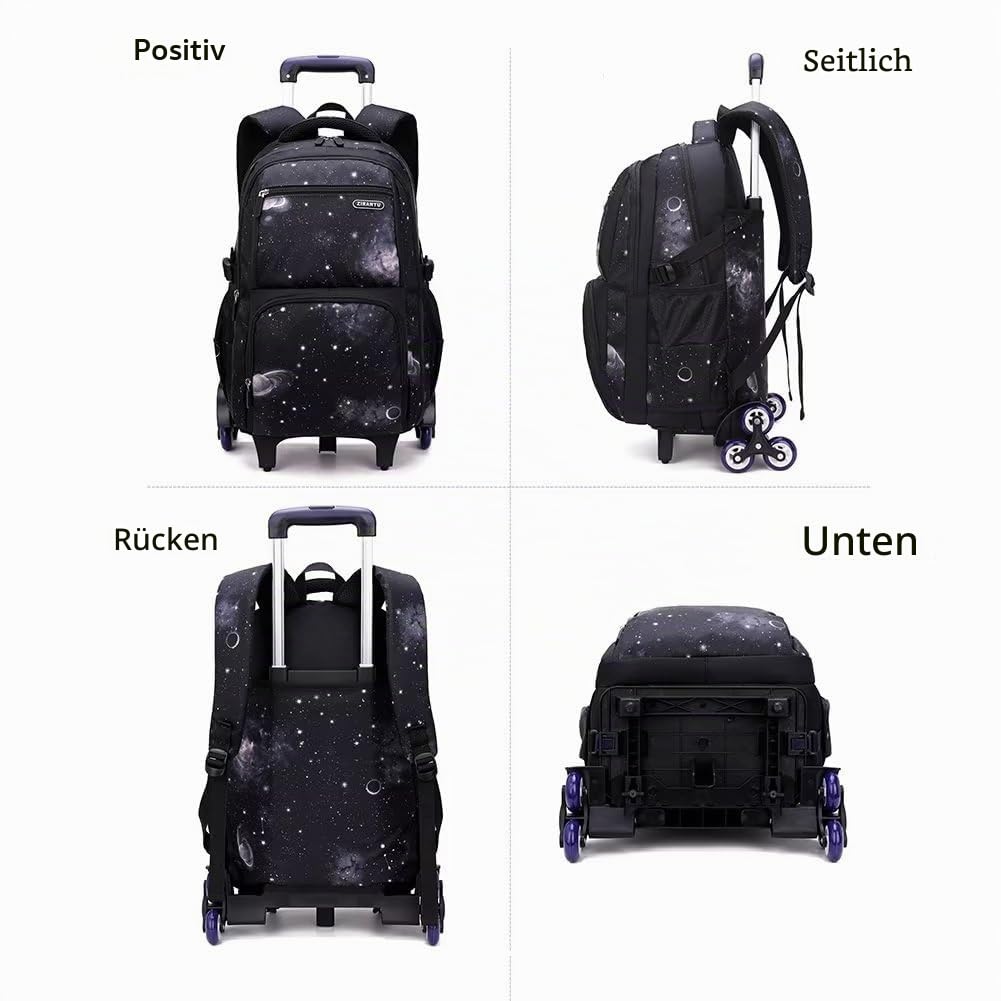 Schulrucksack Jungen Teenager Trolley Schulranzen Jungen Schultasche Koffer Rucksack mit Rollen, 3-teiliges Schultaschen-Sets mit Lunch Tasche und Federmäppchen (Blauer Sternenhimmel)
