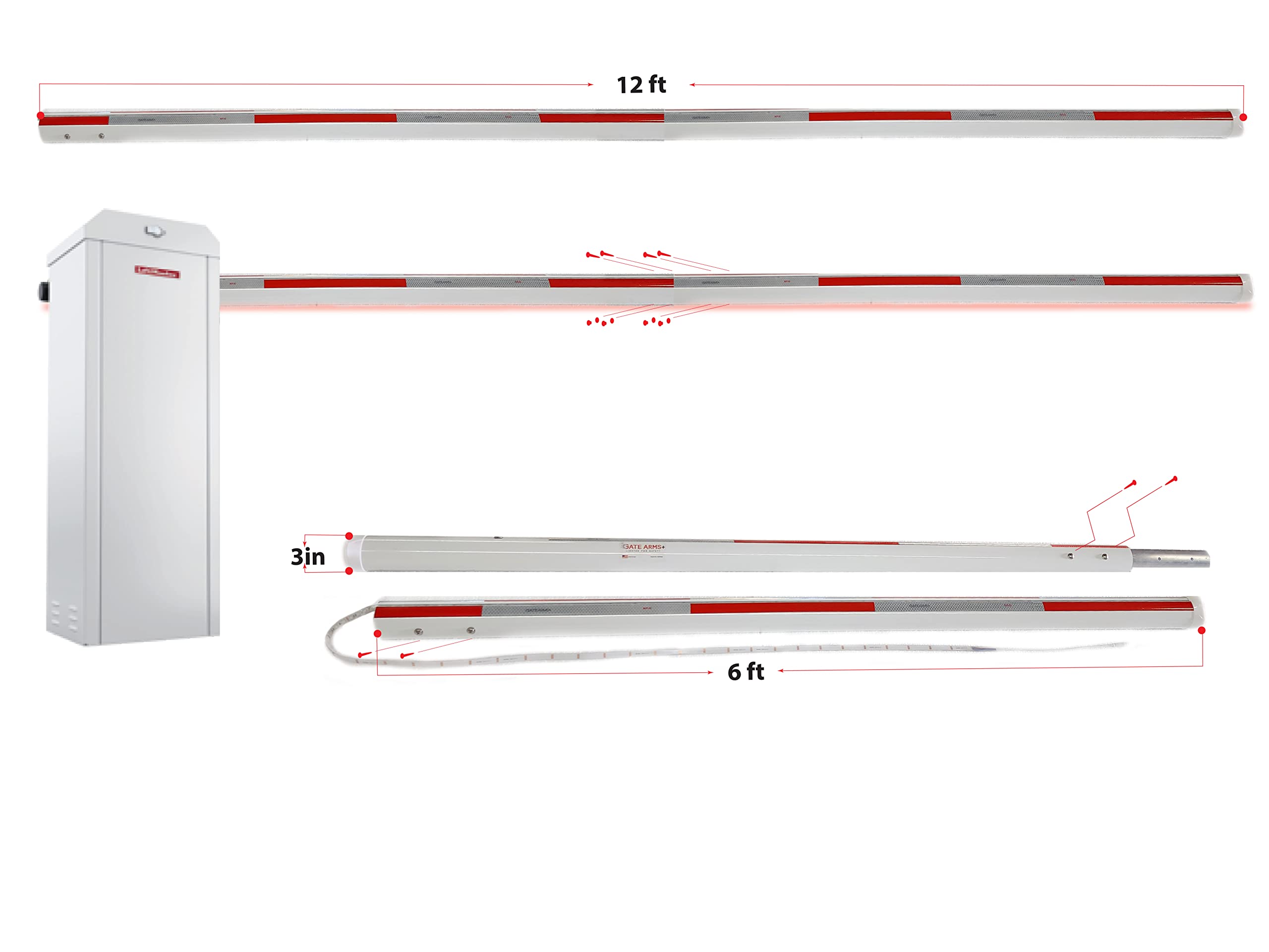 Parking Barrier Arm with LED Complete Kit 12ft 2 pieces X 6 ft Aluminum Round Replacement Arm for Gate Operator (With Red/Silver Stripes) DOT-C2 Reflective Safety Tape