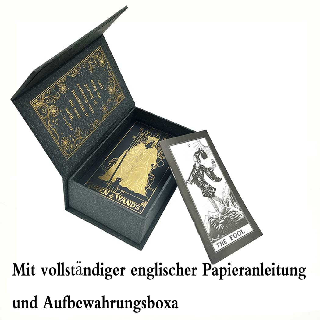 Tarot Karten Deck, Goldfolie Schwarzgold 78 Tarotkarten, mit Ratgeber & Box, Holographisch Leuchtendes Wahrsage-Spiel-Set für Anfänger, Experten und Leser, Schwarz