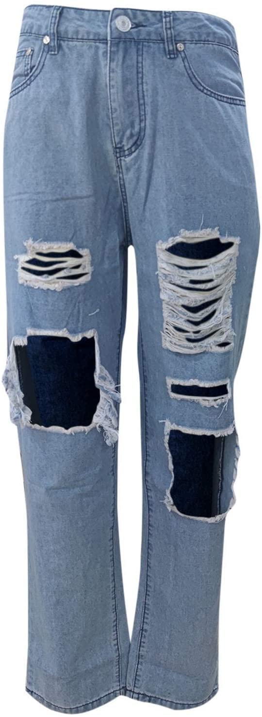 Jeanshose Damen High Waist Jeans Gerade Hose Löchern Baggy Boyfriend Jeans Teenager Mädchen Lässig Denim Hosen Weich Pants Freizeithose