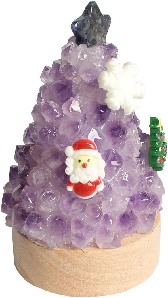 Natural Amethyst Crystal Tree Lamp - Healing Gemstone Pine Tree LED Night Light, 3.7 Inch Small Table Lamp with Wooden Base, Spiritual Home Office Decor, Zen Meditation Gift for Women & Men