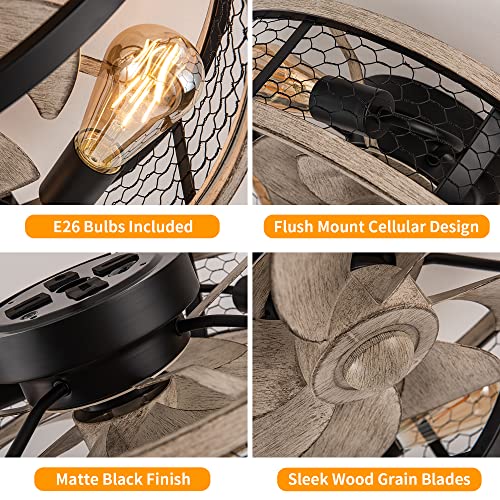 WWM 20'' Flush Mount Caged Ceiling Fan with Light, Low Profile Farmhouse Ceiling Fans with Remote, 3 Speeds,Reversible Motor Fan for Small Space,Fan Lights Ceiling Fixtures(5 E26 Bulbs Include) - Image 4