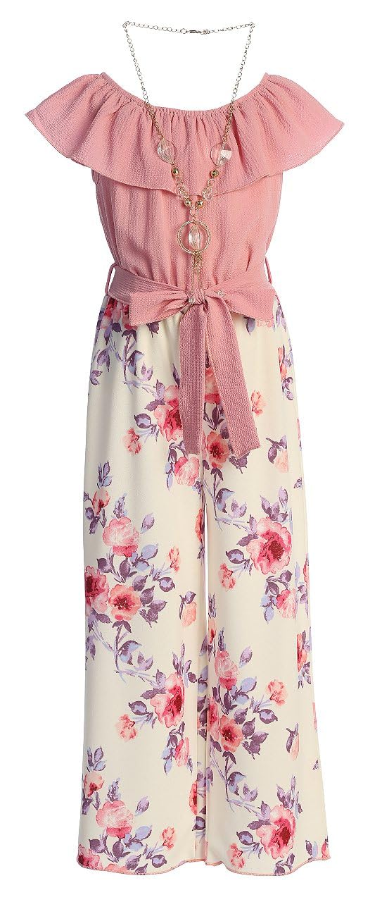 BluNight Collection Big Girls Sleeveless Off Shoulder Ruffle Button Solid Casual Outfit Romper Jumpsuit Rose Floral 8 (2J1KS91) by BluNight Collection - Image 2