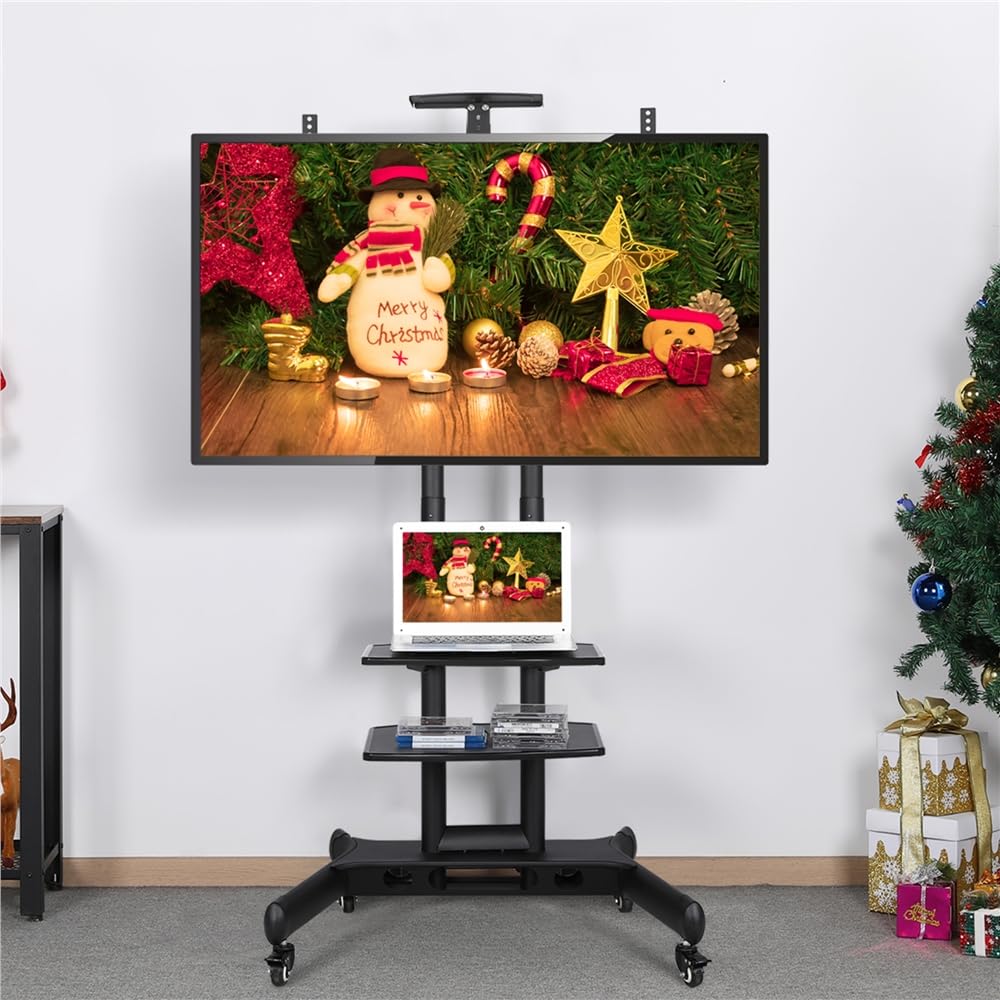 Supporto Staffa TV da 30 a 60 pollici Pavimento Carrello Porta TV Schermi Monitore LCD LED Plasma con Ruote Ripiani Carico 50 KG di Altezza e Angolo Regolabile