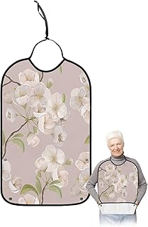 BOBOWUNY Spring Floral Adult Bibs for Elder Women Men Eating, Pink White Peach Blossom and Green Leaf on Brown Waterproof & Washable Bibs for Eating Clothing Protector Dining Bibs for Crumb Catcher