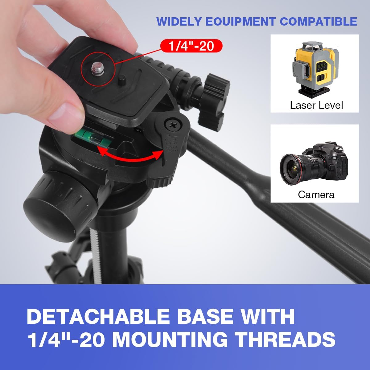 65-Inch Lightweight Aluminum Tripod Stand for Laser Level, Camera & Surveying - Portable Adjustable Tripod with 3-Way Pan Head, Bubble Levels, Quick Release Plate - Carrying Bag Included