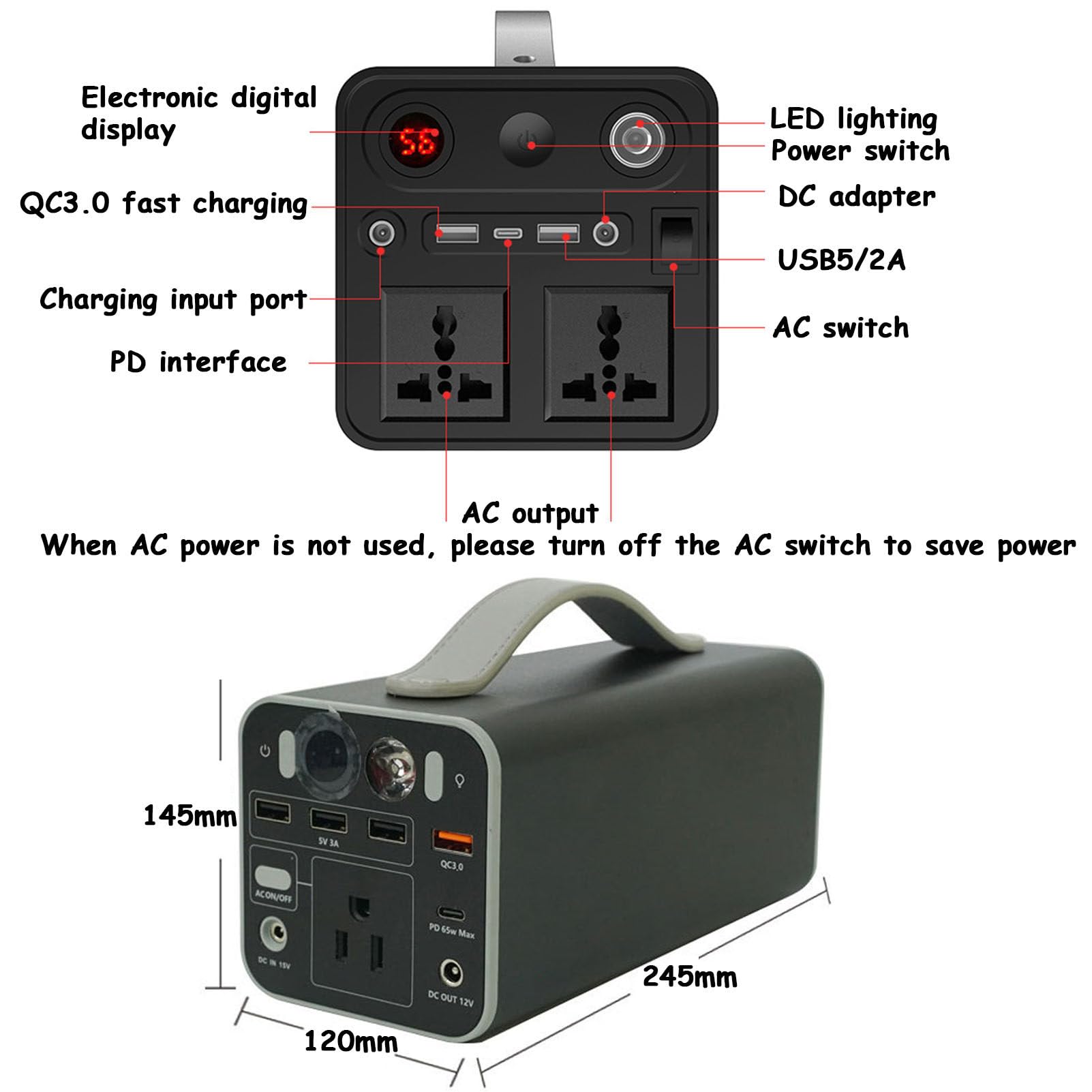 Stazione di alimentazione portatile da 300 W, Power Bank con presa CA, porta PD/USB-C da 25 W, alimentatore per batteria per caricabatterie per laptop, generatore solare per interruzione ,Black