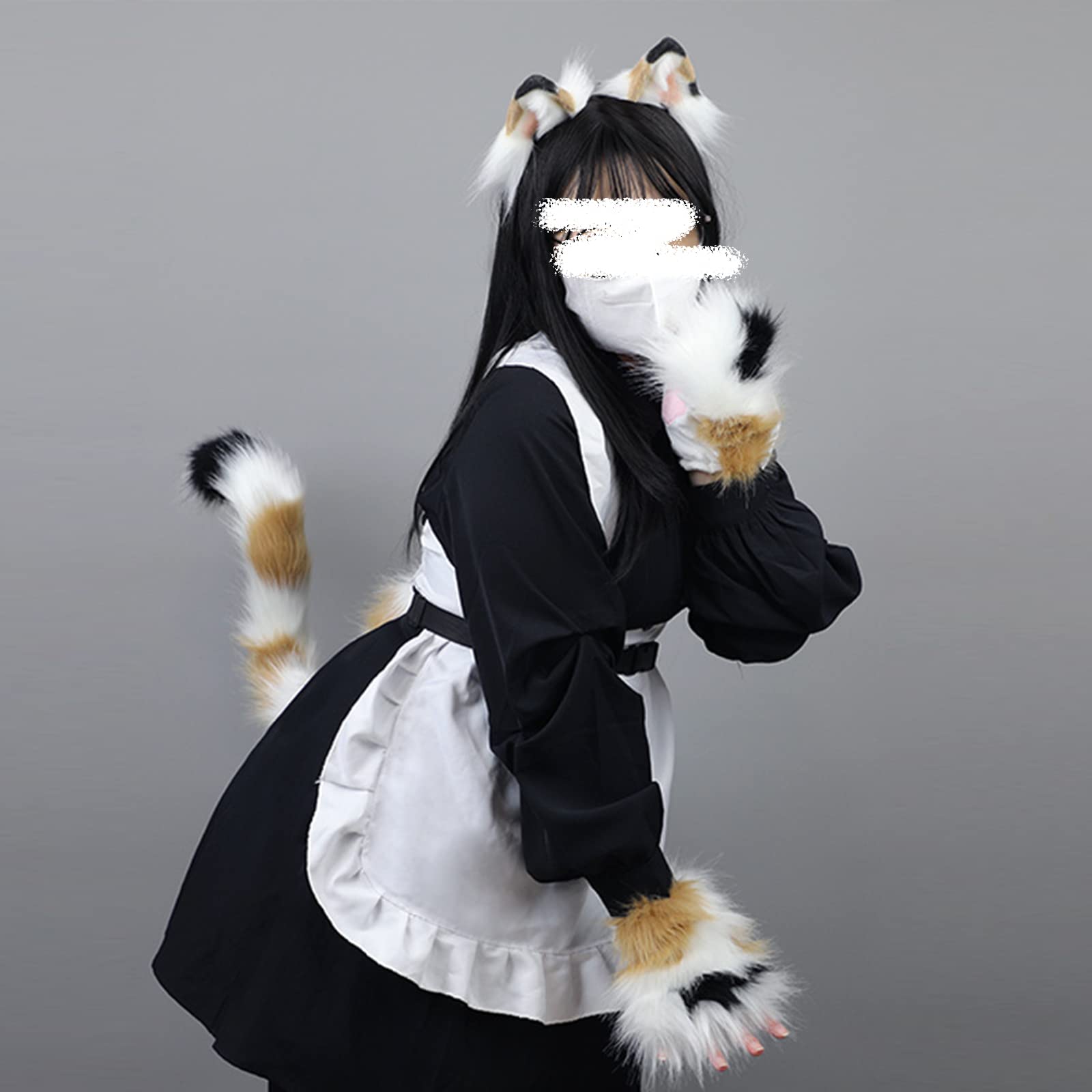 JUNBOON Faux Fur Cat Ears and Wolf Fox Tail Set Adult Kids Claw Glove Kit for Halloween Anime Cosplay Party: 3-khakiwhite