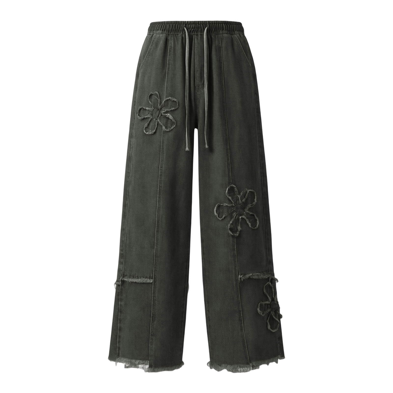 Jeans Estivi Donna,Jeans a Gamba Larga a Vita Alta con Ricami e Effetto usurato, Perfetti per Tutti i Giorni e per Un Comfort immediato.