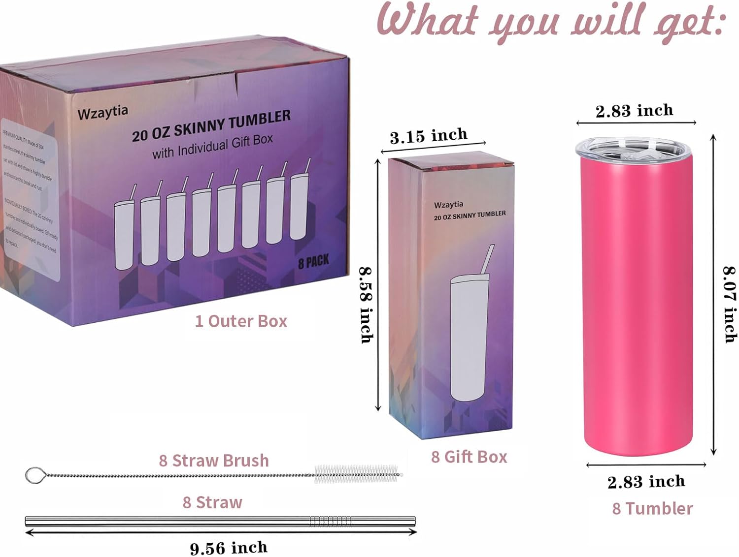 8 Pack 20 Oz Straight Skinny Tumblers,Individually Gift Boxed Stainless Steel Slim Skinny Tumbler Set Bulk, 20 Oz Insulated Slim Thin Travel Tumbler Cup for Diy,Hot Pink - Image 6