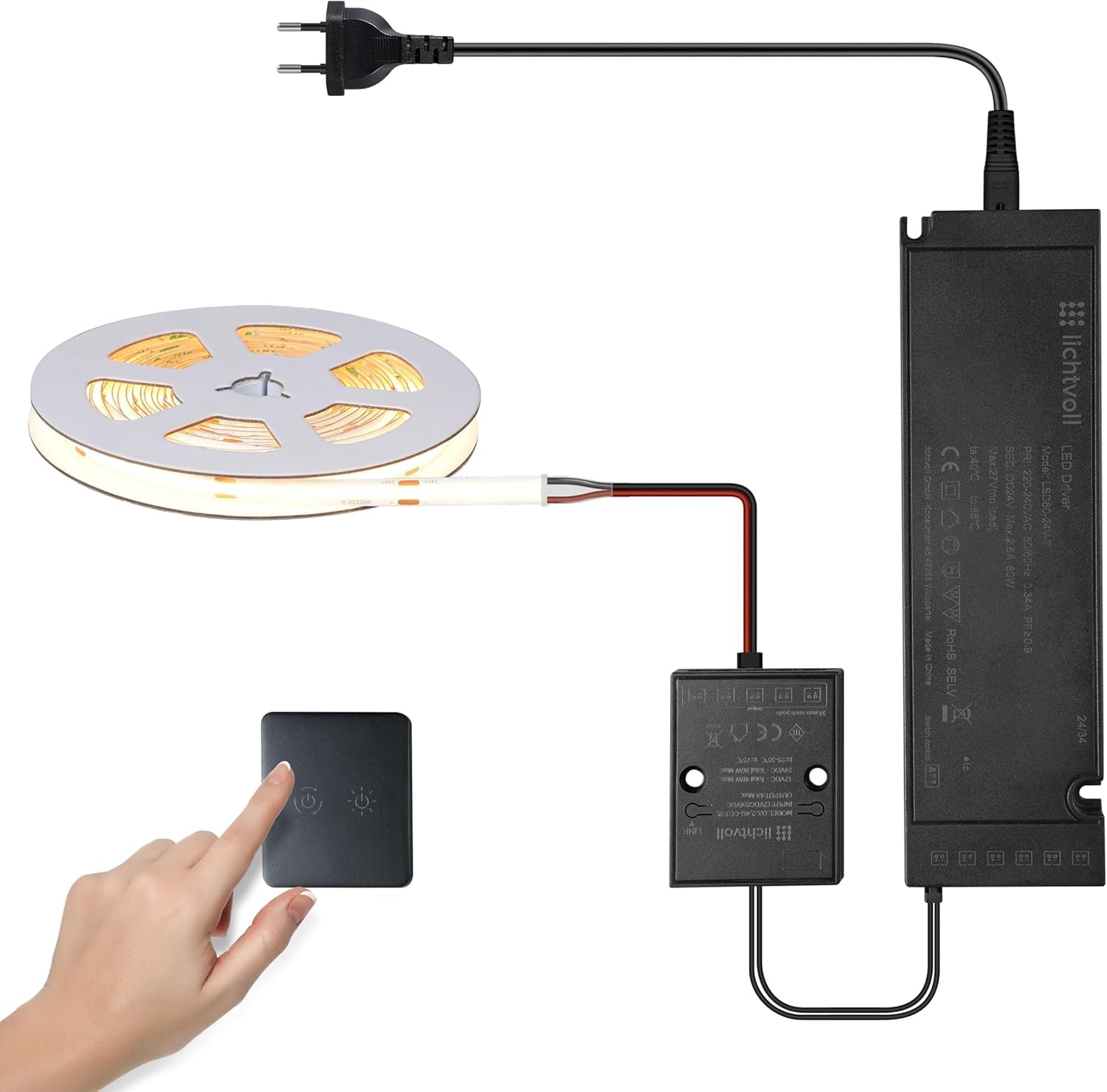 24V COB LED Streifen 5M– 480 LEDs/m, flimmerfrei ultrahell, Farbtemperatur 2700K–6500K dimmbar, mit Touch-Schalter 2.4G Controller und 60W Netzteil für Küche, Schränke