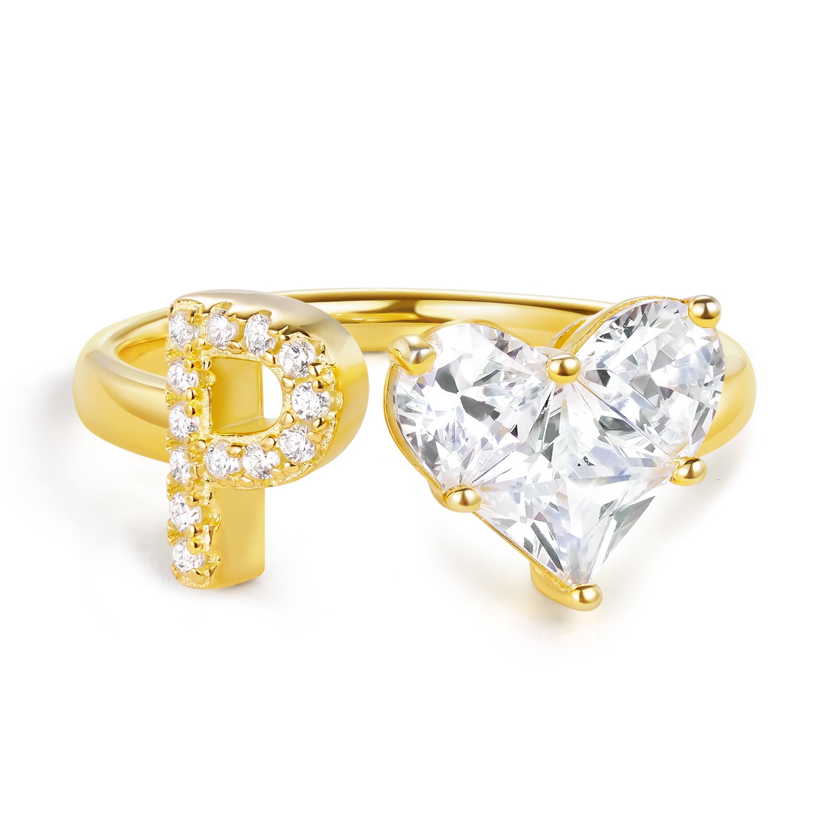 KissYan Sterling Silver Initial Heart Ring for Women, S925 Letter Rings 14K Gold Plated Open Adjustable Dainty Pave CZ Personalized Fashion Trendy