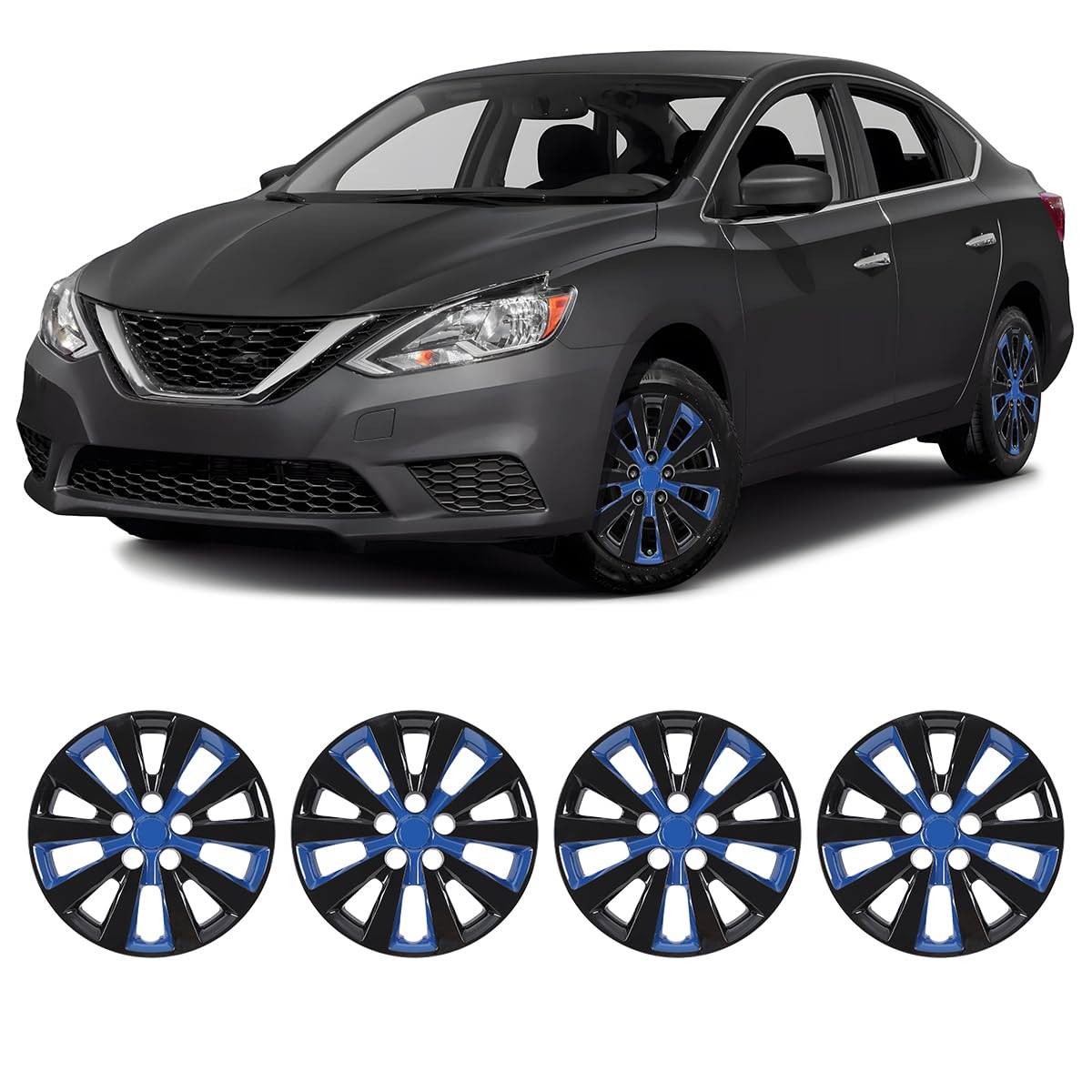 Winjet 16 inch Set of 4 Steel Wheel Hubcaps for 2013-2019 Sentra &amp; 2011-2017 Nissan Leaf Wheel Rims Cover,Snap On Installation PP Material (Black Lacquer &amp; Blue Lacquer)