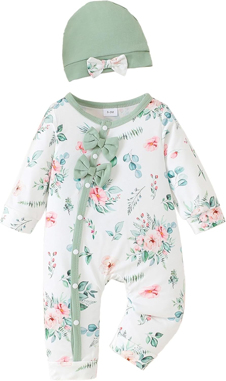 Mioglrie Newborn Baby Girl Clothes Long Sleeve Romper Infant Fall Winter Outfits Floral Hat Jumpsuit Preemie Girl Clothes