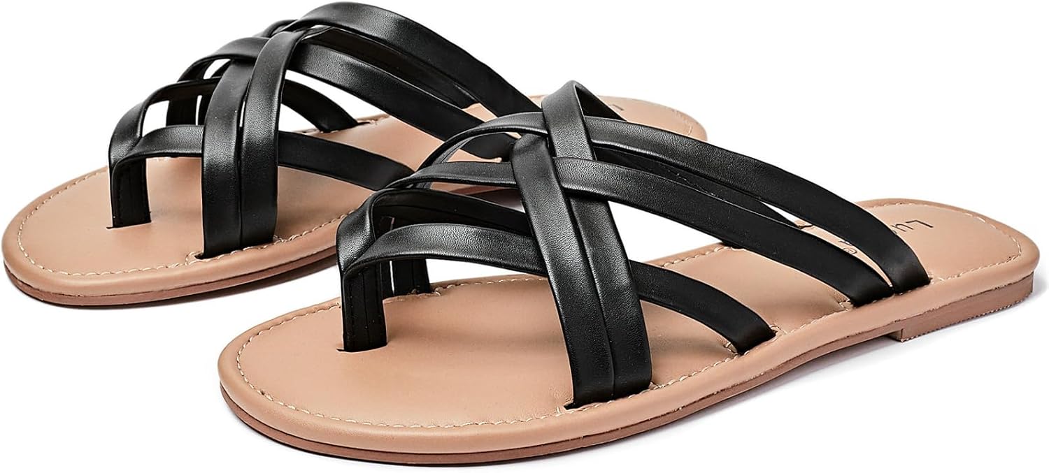 Luoika Women's Wide Width Flat Sandals, Flip Flop Slides Sandal Casual Strapy Sandal Slip on Summer Beach Shoes for Women.