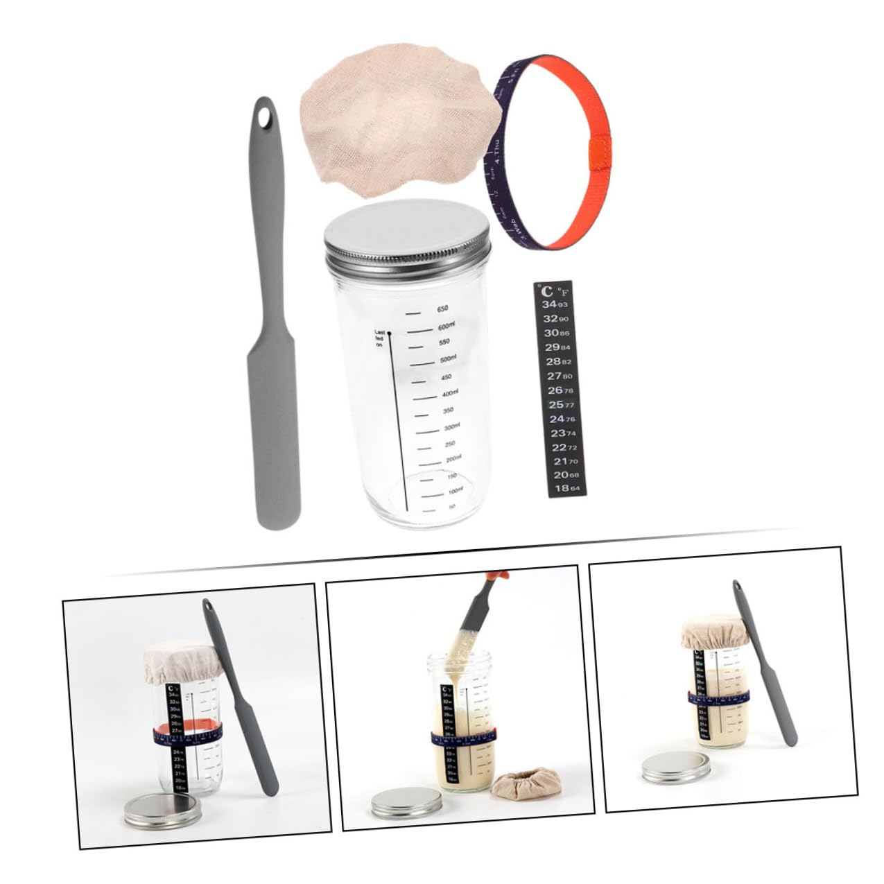 VANZACK Sauerteig Starter Glas mit Glasbehälter Luftdichtem Verschluss Temperaturpapier Stoffabdeckung und Silikonschaber für Natürliche Hefegärung und Brotbacken