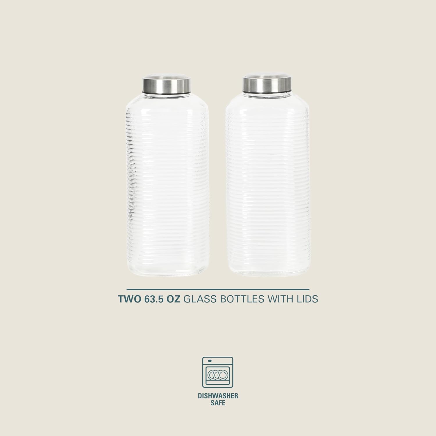 Gibson Home Aspen Heights 2 Pack 64 OZ (1.9 Liters) Large Embossed Reusable Glass Bottles w/Airtight Leakproof Stainless Steel Lid, Pitcher for Water, Milk, Juice - Dishwasher Safe