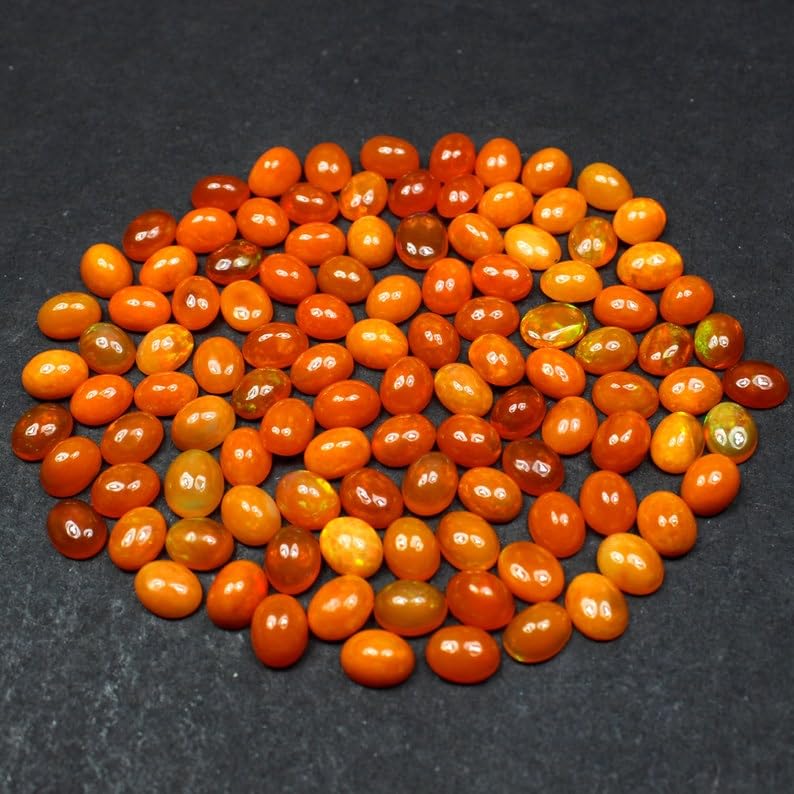 Lot de 5 cabochons d'opale éthiopienne orange de qualité AAA, 5 cabochons ovales d'opale éthiopienne naturelle pour la fabrication de bijoux - 8 x 10 mm, 8x10 mm, Gemme