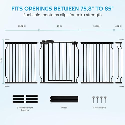 Miniatura 2 de Puerta de bebé extra ancha para escaleras con puerta, 30 pulgadas de alto 75.8-85 pulgadas de ancho, fácil de instalar para interiores, puerta de