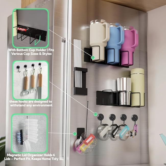 Magnetic Cup Holder for Fridge ¨C 8-Piece Modular Kit with 2 Magnetic Cup Holder, 1 Lid Organizer, 1 Straw Holder & 4 Magnetic Hooks, Water Bottle Organizer & Kitchen & RV Space Saver(8-Piece Set)
