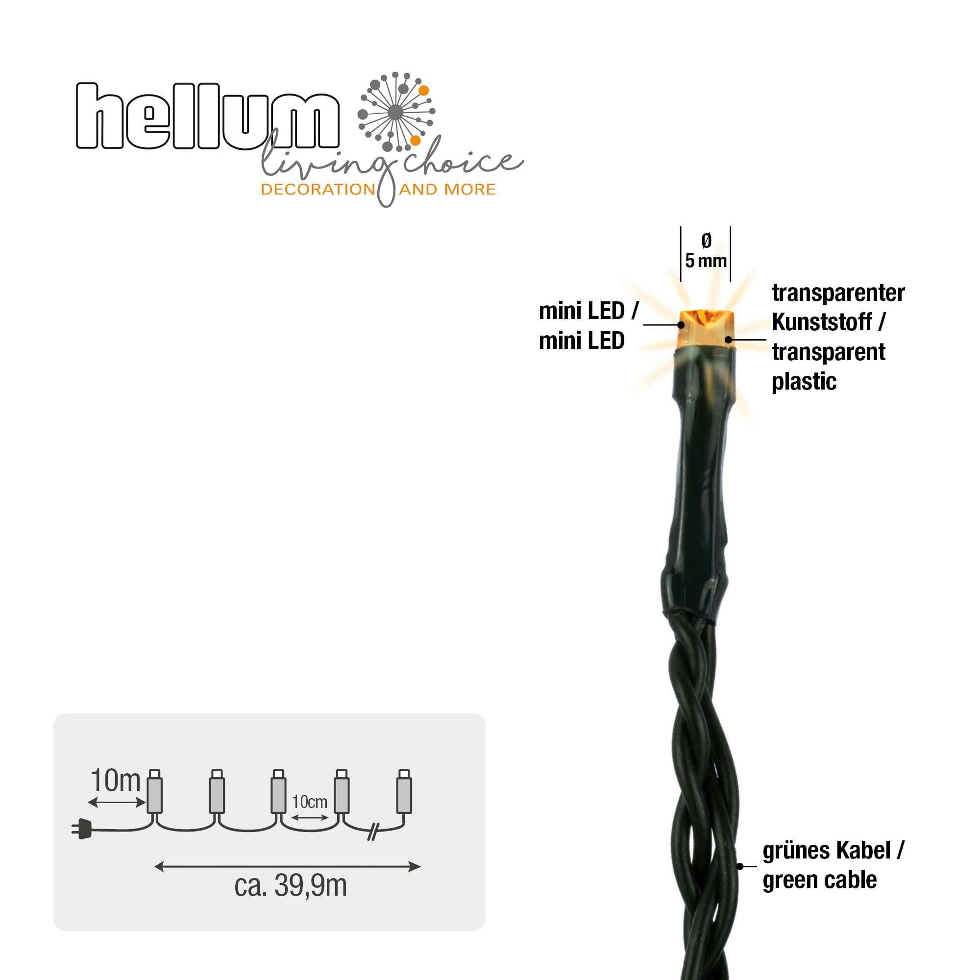 hellum LED Lichterkette Außen oder Innen, Lichterkette Warmweiß klassisch mit Timer, strombetrieben mit 400 LED < 59 lm, Weihnachtsbaumbeleuchtung mit Kabel in Grün 578928