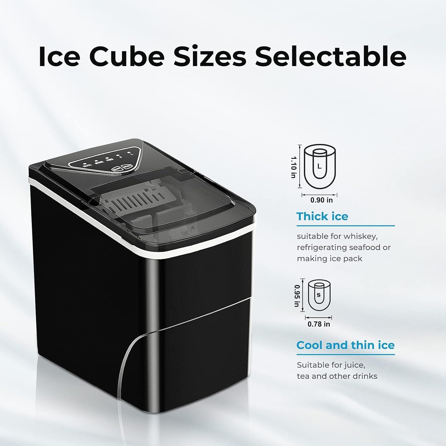 Diagram showing two sizes of bullet-shaped ice cubes: Thick ice (L) suitable for whiskey, seafood, or ice packs, and Cool and thin ice (S) suitable for juice, tea, and other drinks.