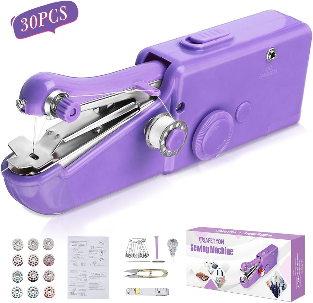 Sewing Machine 30 Pieces, Mini Hand Sewing Machine Portable Electric Handheld Sewing Machine Convenient Quick Sewing Machine Suitable for Fast Sewing DIY Household Travel, Purple