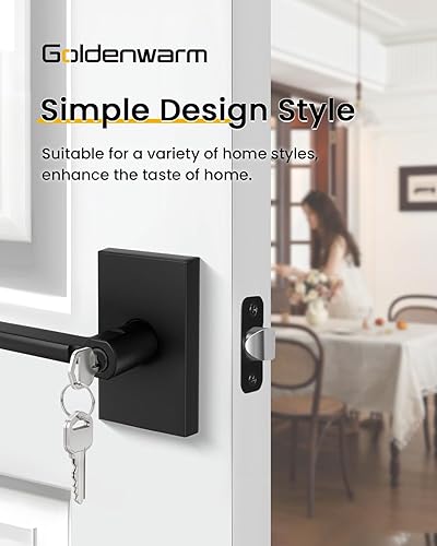 Miniatura 2 de goldenwarm Manija de puerta negra con cerradura y llave, manija cuadrada de puerta exterior negra mate, cerradura de puerta de entrada con llave de