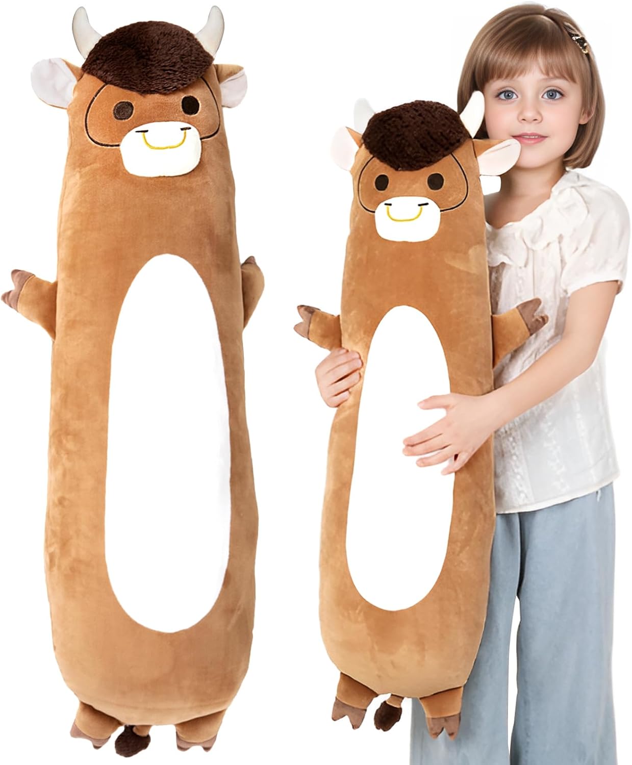 Tianmihou 36 inch Giant Highland Cow Stuffed Animals Cute Long Plush Pillow Toy, Soft Large Highlan Brown Cow Squishy Animal Plushies Gift for Kids Boys and Girls, Birthday