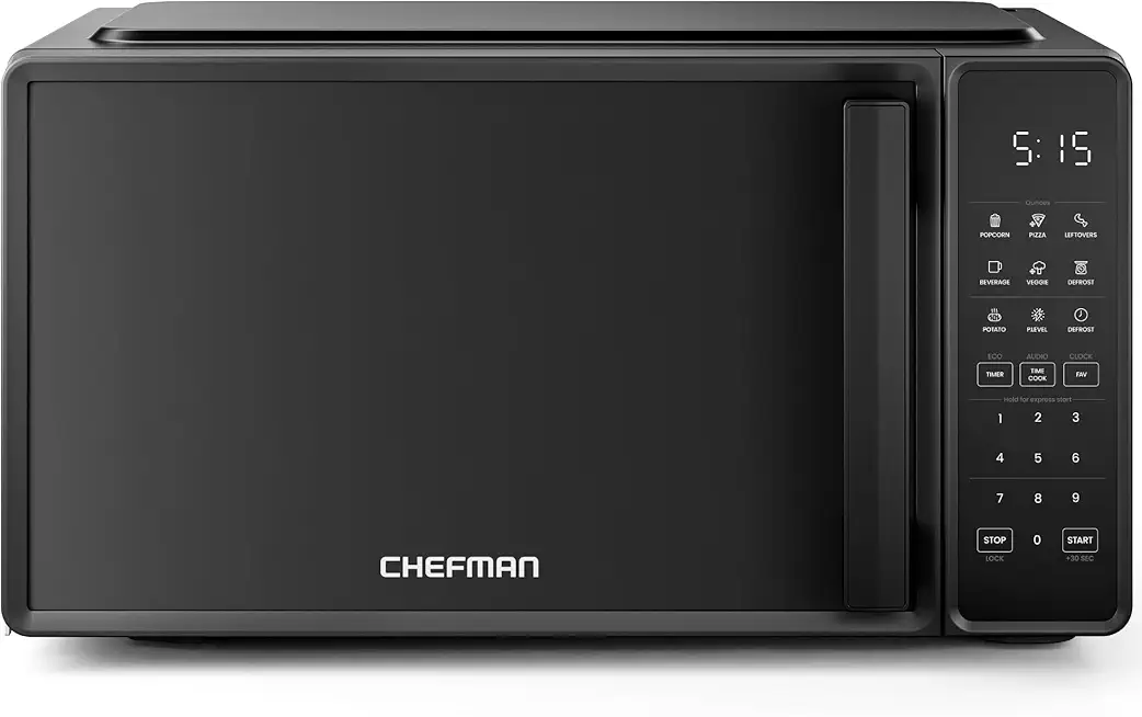 Chefman Countertop Microwave Oven 0.7 Cu. Ft., 700 Watts with 10 Power Levels, 6 Cooking Presets with One-Touch Express Cook, Eco Mode, Child Safety Lock, &amp; Mute Button - Black