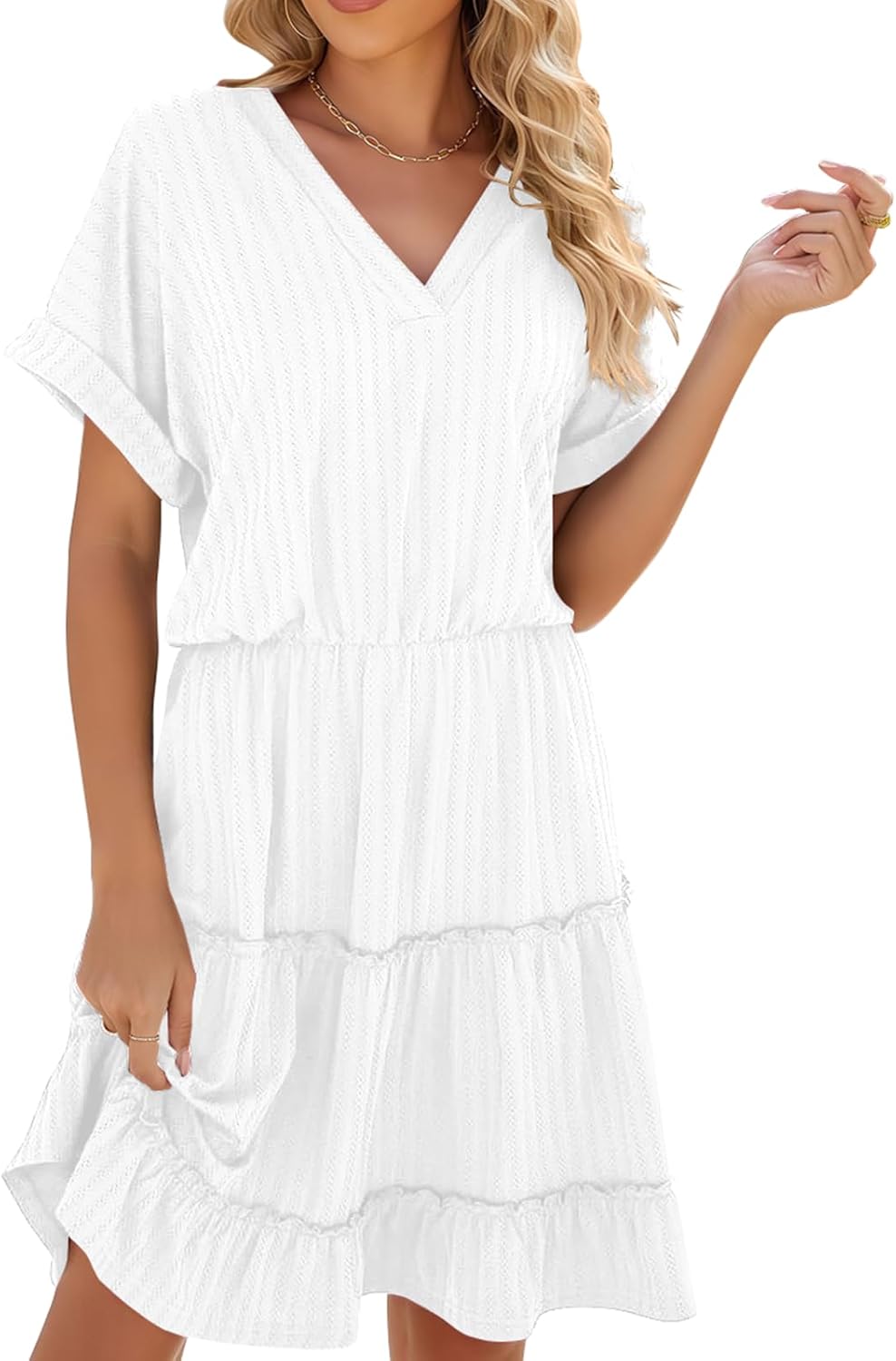 PerZeal Women's Casual V Neck Short Sleeve Tiered Dress Ruffle Hem A-Line Flowy Swing Midi Dresses