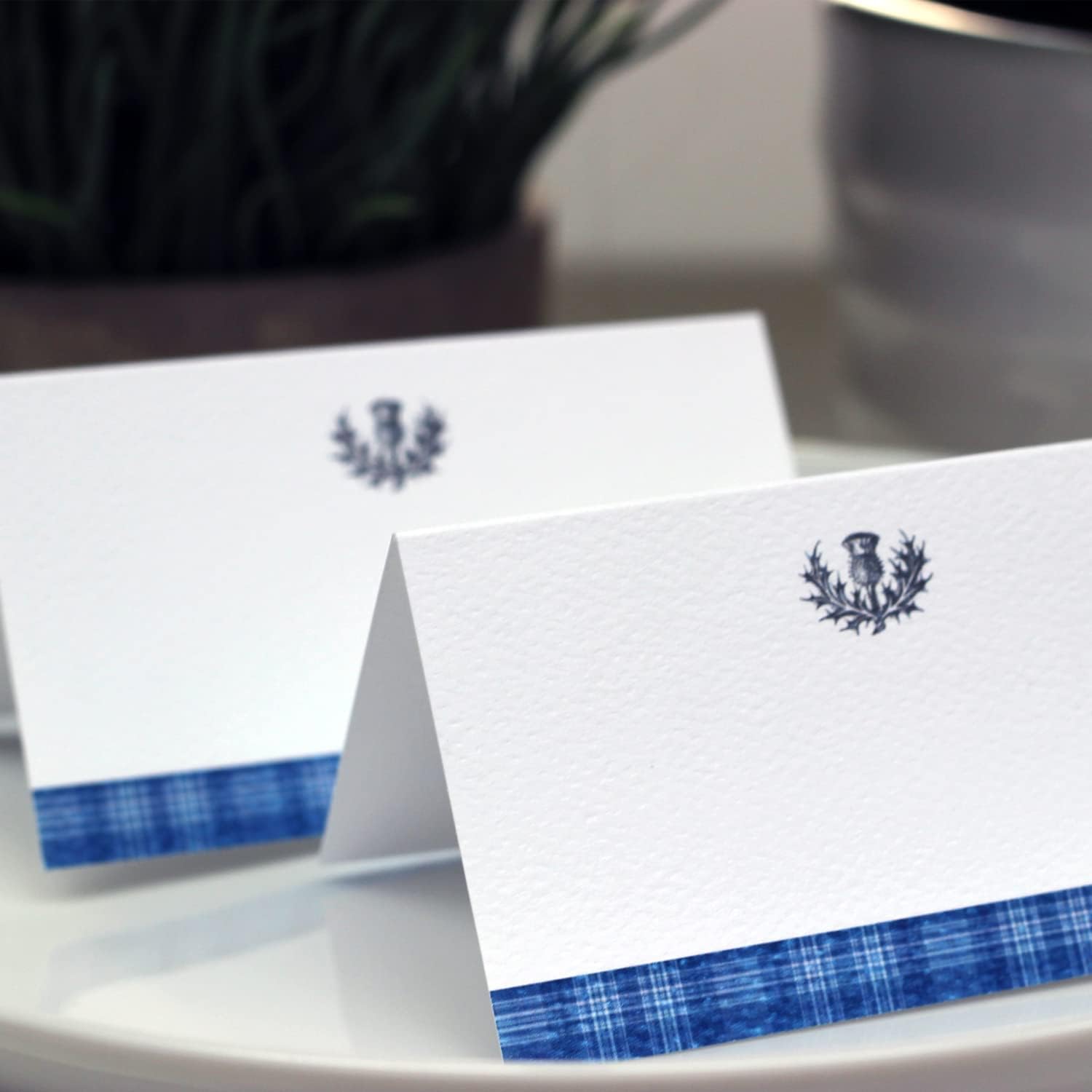 Place Cards with Blue Tartan Plaid and Scottish Thistle Design for Weddings, Showers, and Holiday and Dinner Parties. Table Tent Style, Scored for easy folding. (25)
