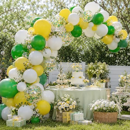 Image of Green and Yellow Balloons, 60 Pcs 12 Inch Dark Green Yellow White Latex Balloons with Gold Confetti for Graduation Birthday Golf Party Decorations