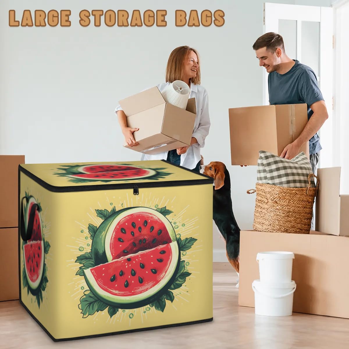 Honeybaby 214L Extra Large Comforter Storage Bag Summer Watermelon Storage Totes with Lids Waterproof Closet Organizer Folding Blanket Storage Bags for Clothes Bedding Pillows