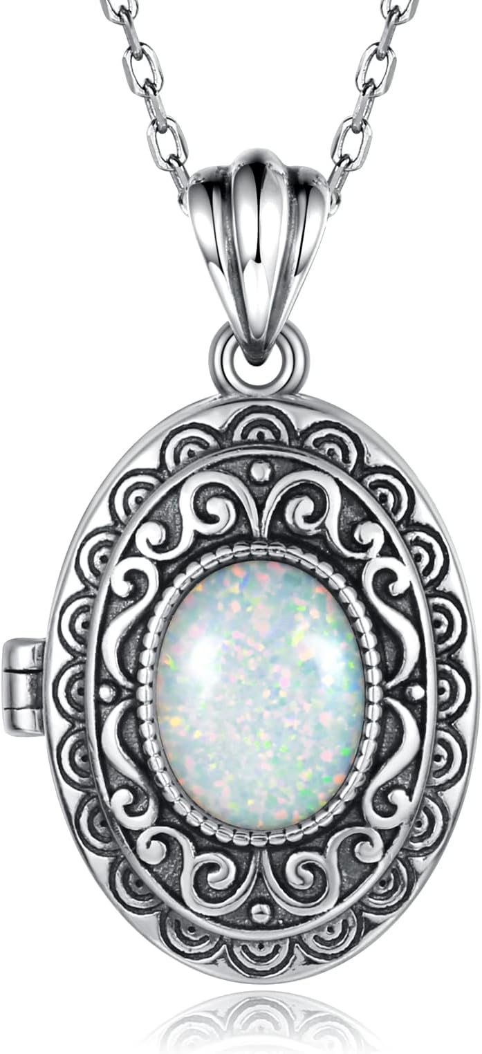 Sterling Silver Locket Necklace for Women Oval-Shaped Locket Pendant Holds Pictures Always with You Vintage Style Photos Locket Jewelry Gifts for Loved One
