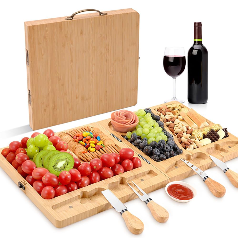Folding Bamboo Charcuterie Board Set with Knives, Large Cheese Platter for Entertaining, Portable Serving Tray with Compartments, Ideal Housewarming & Wedding Gift