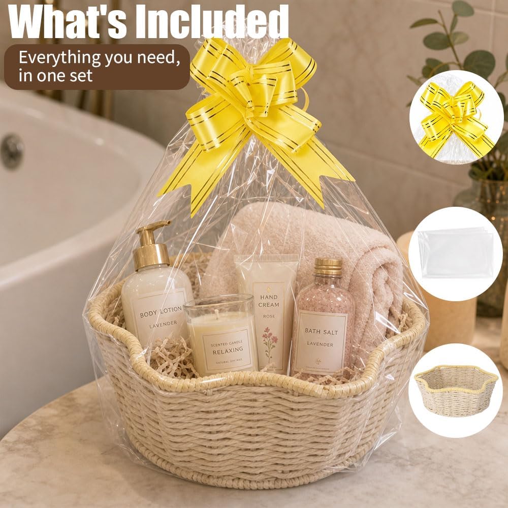 Quntharil Gift Basket Empty, Paper Rope Woven Basket with Cellophane Gift Bag & Bow, Star-shaped Wicker Gift Basket, Basket for Gifts Empty, Gift Wrap Bags for Birthday Christmas Easter Wedding Party