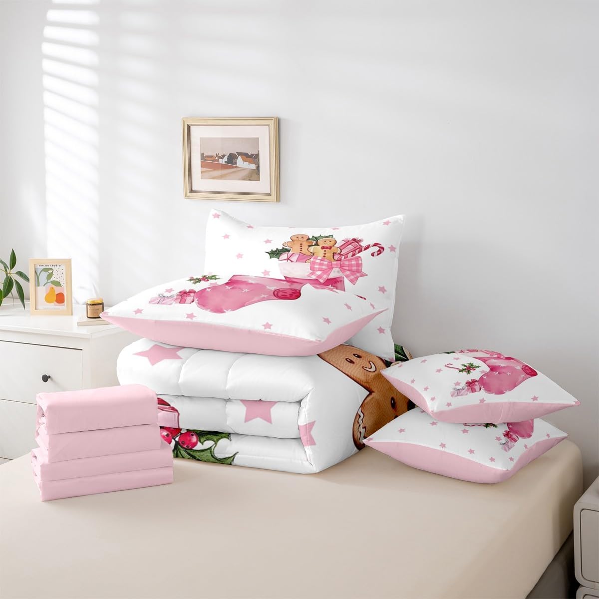 Erosebridal Christmas Stockings Queen Comforter Set Cute Gingerbread Man Bed in a Bag with Flat and Fitted Sheet Stars Candy Cane 7-Piece Bedding Set Xmas Ornaments Quilt Duvet Sets