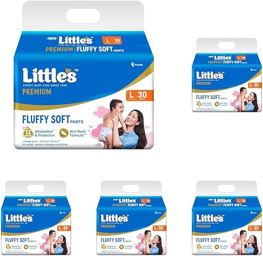 Little's Premium Baby Diapers L Size (Large) Pants Style | 9-14 kg | 30 Count - Pack of 5 | FluffySoft Baby Diaper with Le...
