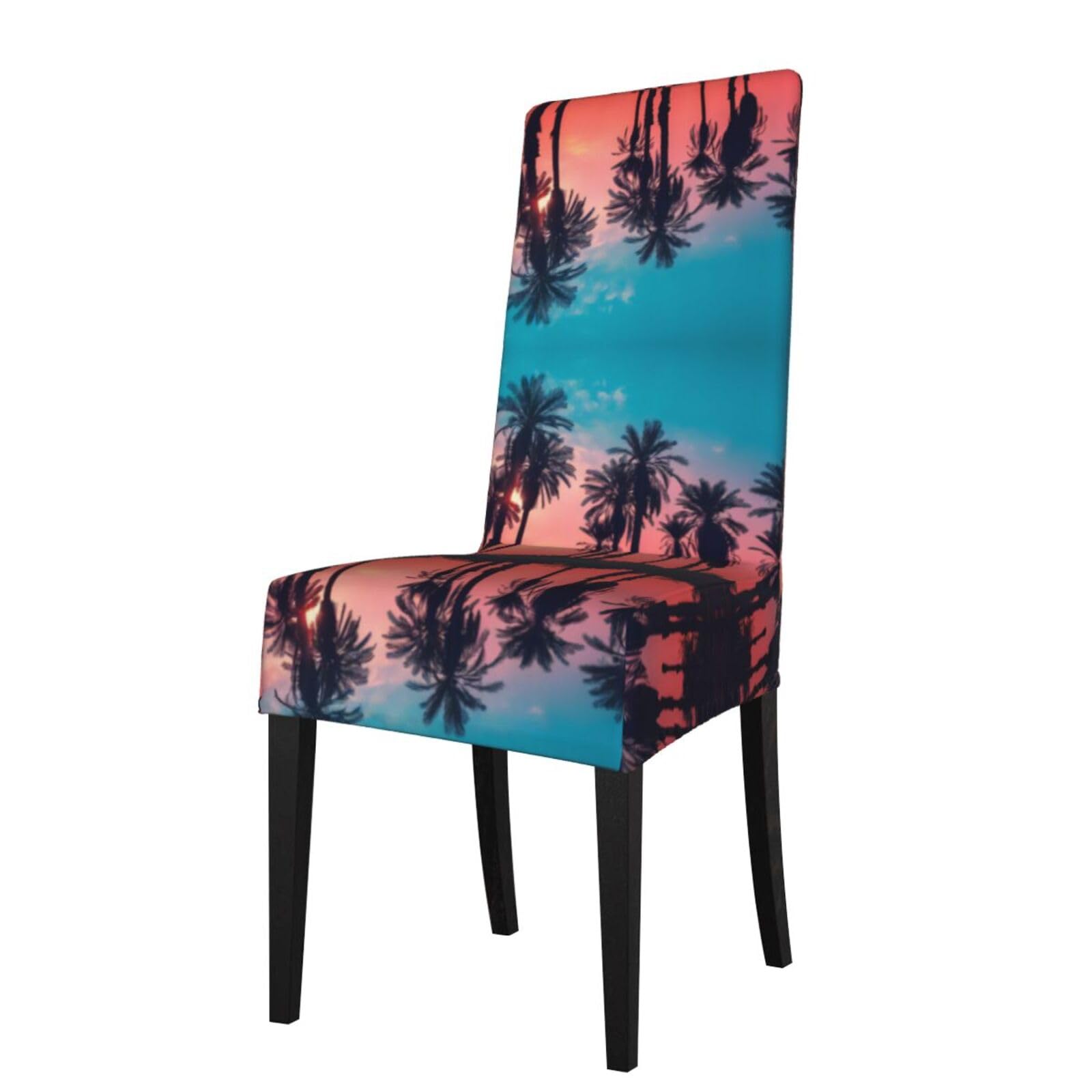 Hlsbssl Black Palm Tree Sunset Printed Dining Chair Covers, Fully Enclosed, Removable And Washable, Suitable For Family Banquets And Celebrations