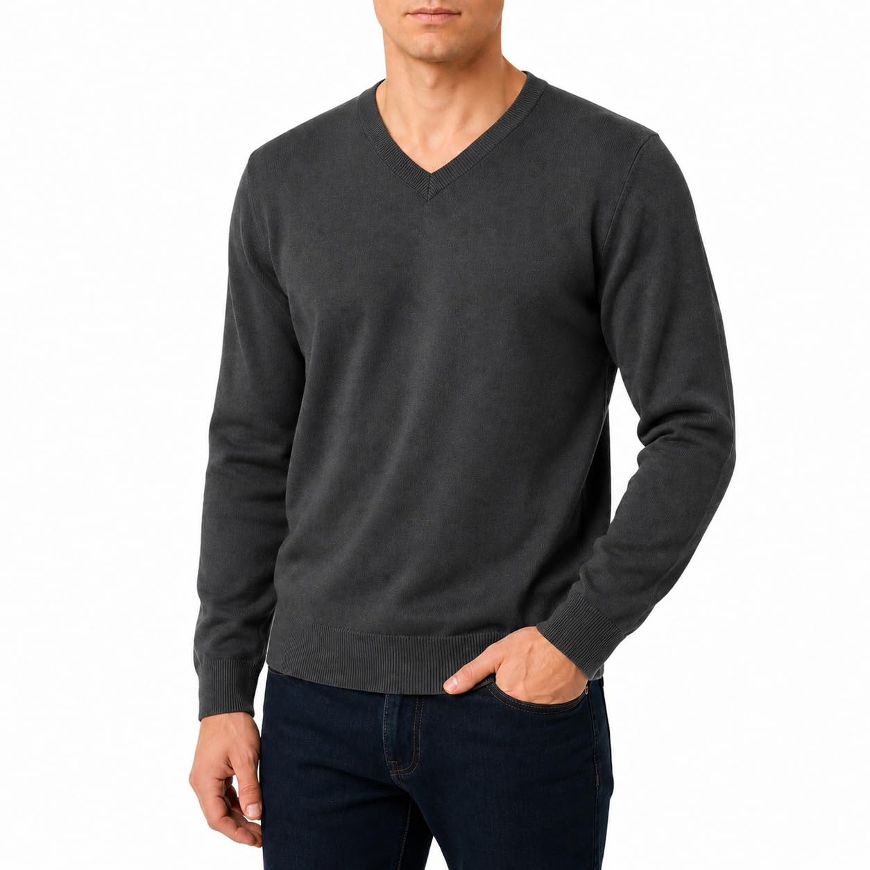 Castle Point Men's Cotton V-Neck Jumper Knitted, Charcoal - V Neck, XXL
