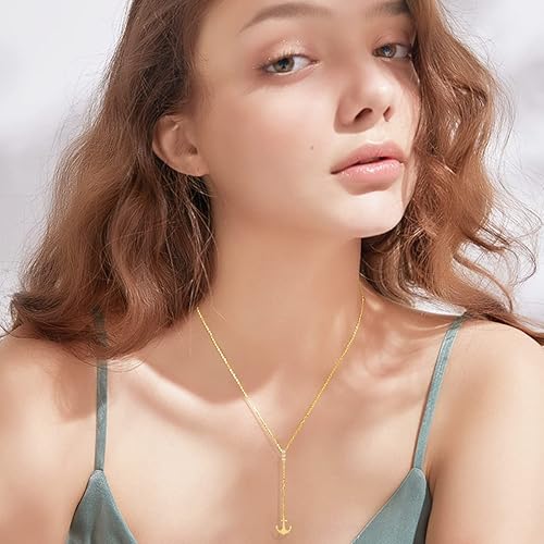 Miniatura 2 de Collar Lariat de oro real de 14 quilates con ancla para mujer, collar de oro amarillo en forma de Y, regalo de cumpleañosdía de la madre para mamá,