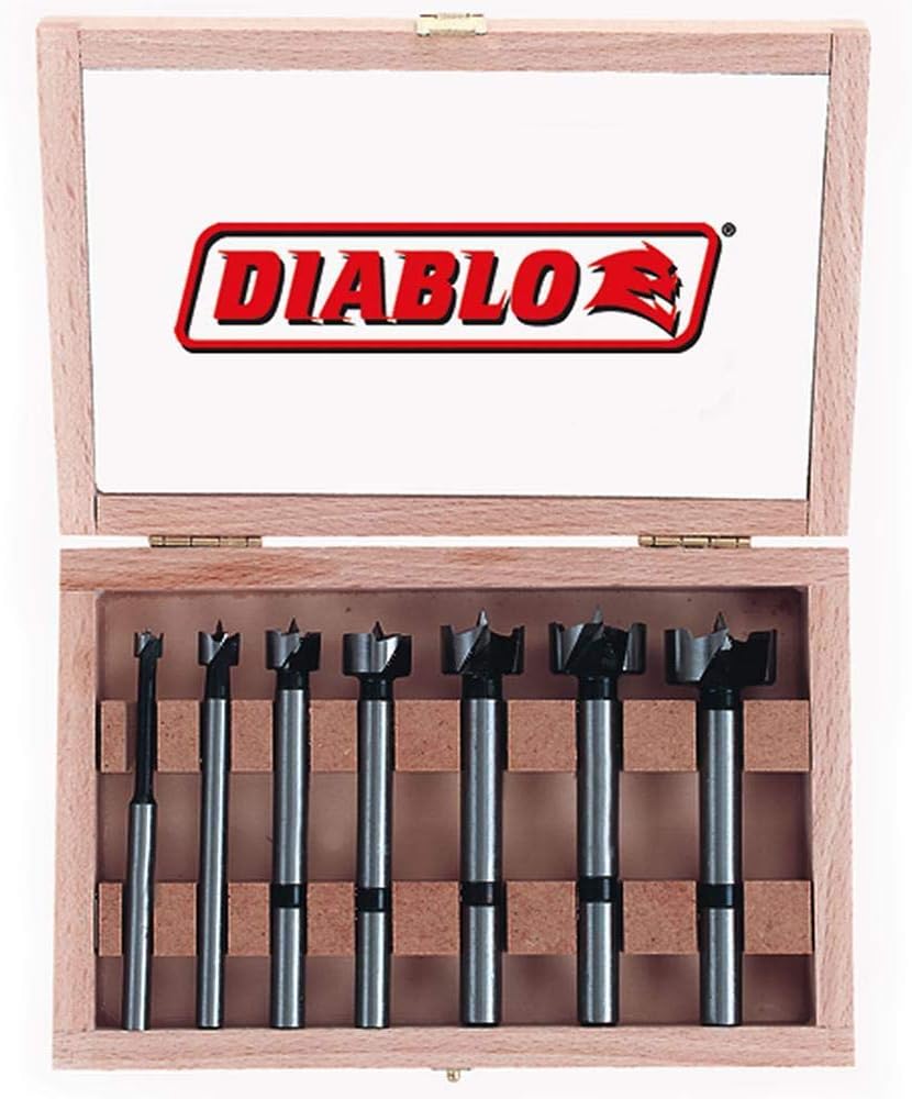 High-Speed Steel Forstner Bit Drill Set - Ideal for All Types of Wood - 1/4" to 1" Diameter, 1/4" to 3/8" Shank, 3-1/2" Length, 7 Pieces - FB-107