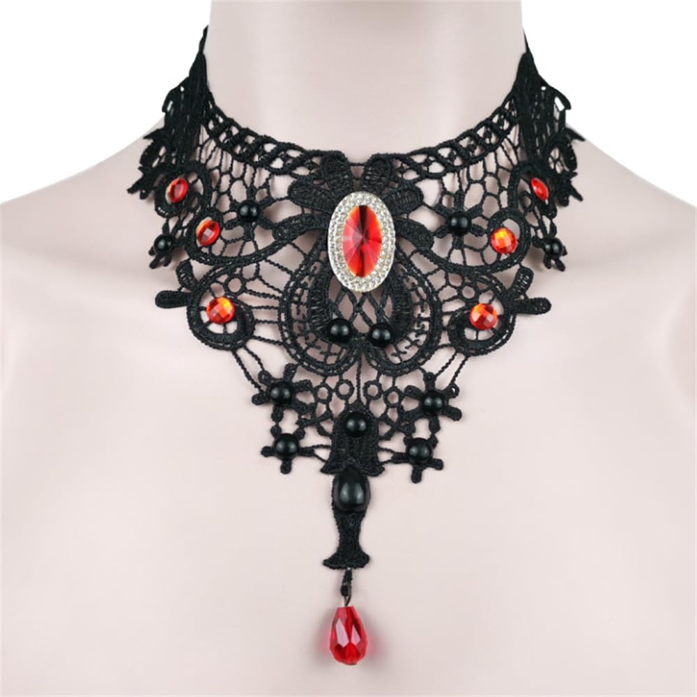 Vintage Black Lace Choker Necklace Gothic Red Crystal Pendant Necklaces Statement Adjustable for Halloween Prom Accessories Jewelry - Image 3