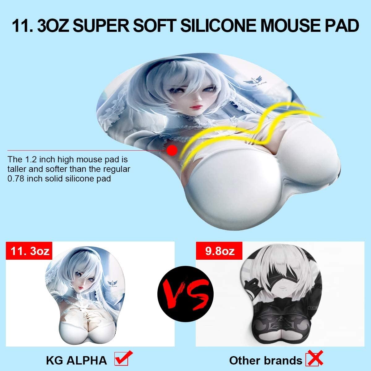 3D Anime Gaming Mousepad, Ergonomic Mouse Pad with Wrist Support Rest, Mousepad Gel Wrist Rest Memory Foam Non-Slip Pain Relief for Computer Home Office KG Alpha NieR Automata 2B