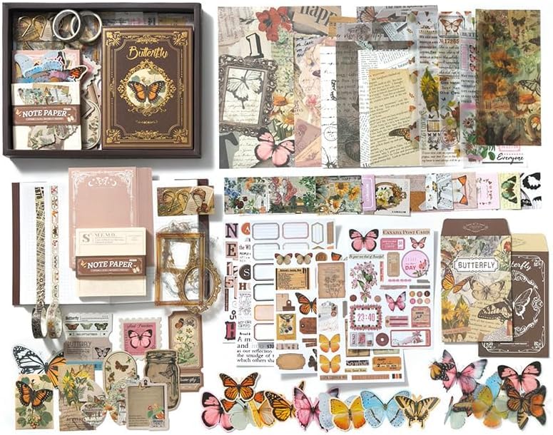 RUJVE Scrapbook Stickers Pack, Art Journal Kit, Bullet Junk Journal Planners DIY Decoration Paper Stickers Craft Kits Notebook Album Aesthetic Tape,Journaling Gift For Girl (Brown Butterfly Scrapbook)