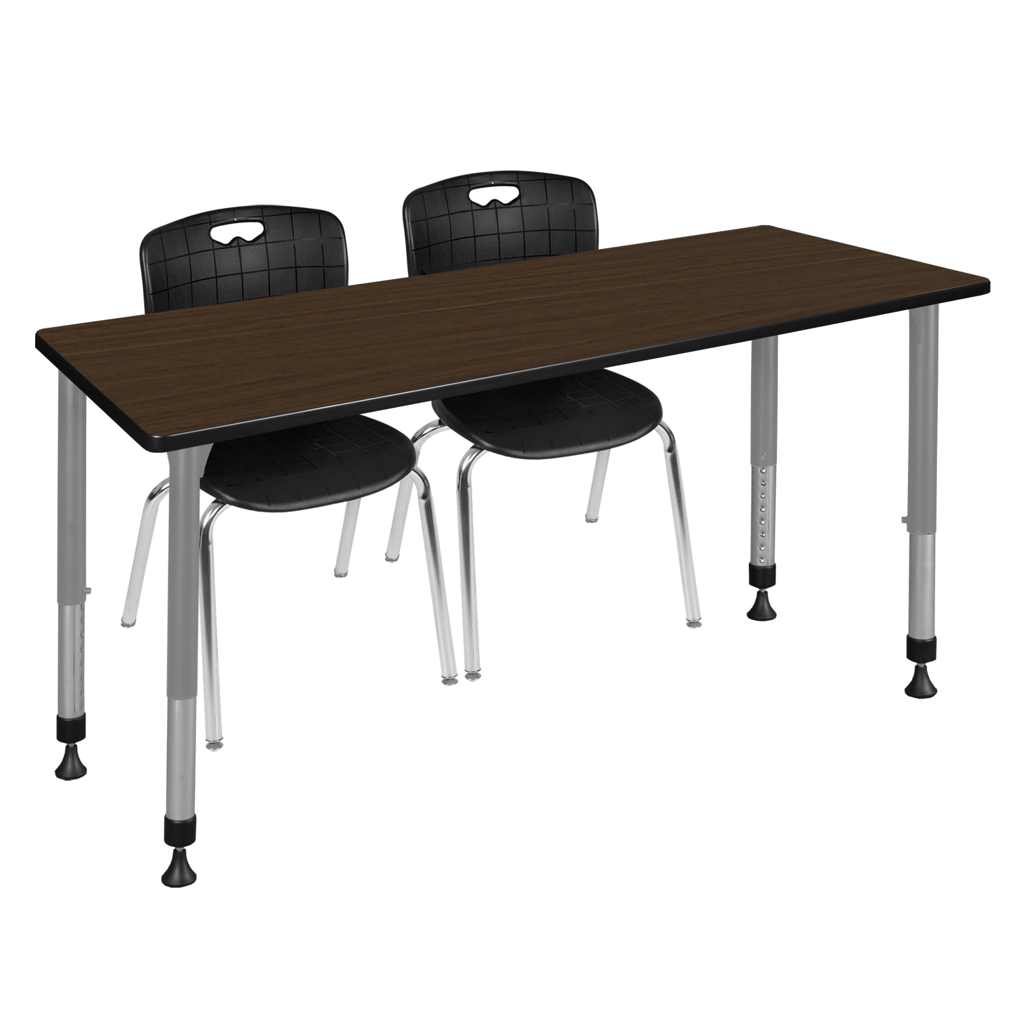 Regency Kee 72 x 24 in. Adjustable Classroom Table- Neo Walnut Top, Grey Base & 2 Andy 18 in. Black Stack Chairs