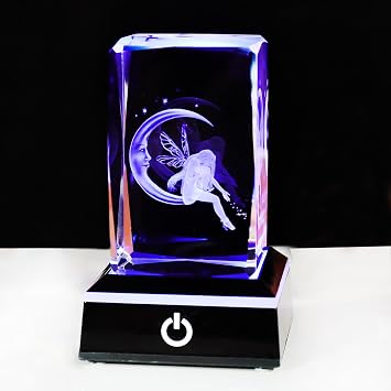 Ornalrist Moon Fairy Gifts for Women Girls - 3D Crystal Fairy Cube Figurine Collectible with Colorful LED Base for Her Home Decor