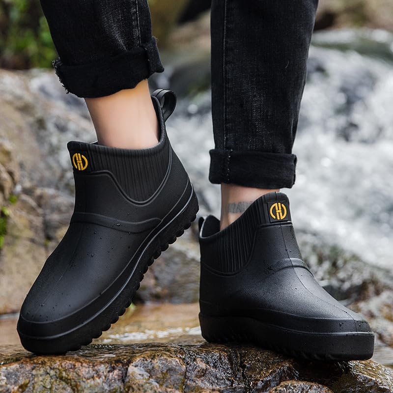 Men Rain Boots Outdoor Slip on Waterproof Non-Slip Rubber Ankle Boots Rain Booties Rubber Garden Boots for Kitchen & Outdoor, Rain Shoes