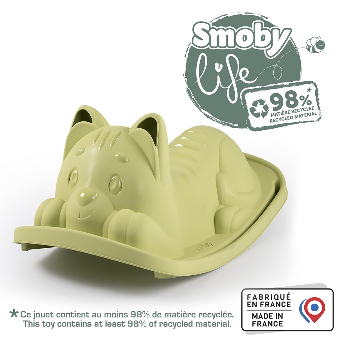 Smoby Life - Dondolo monoposto gatto Gatto, colore Verde, Seduta ergonomica, per bambini dai 18 mesi, con plastica Riciclata, 7600830108
